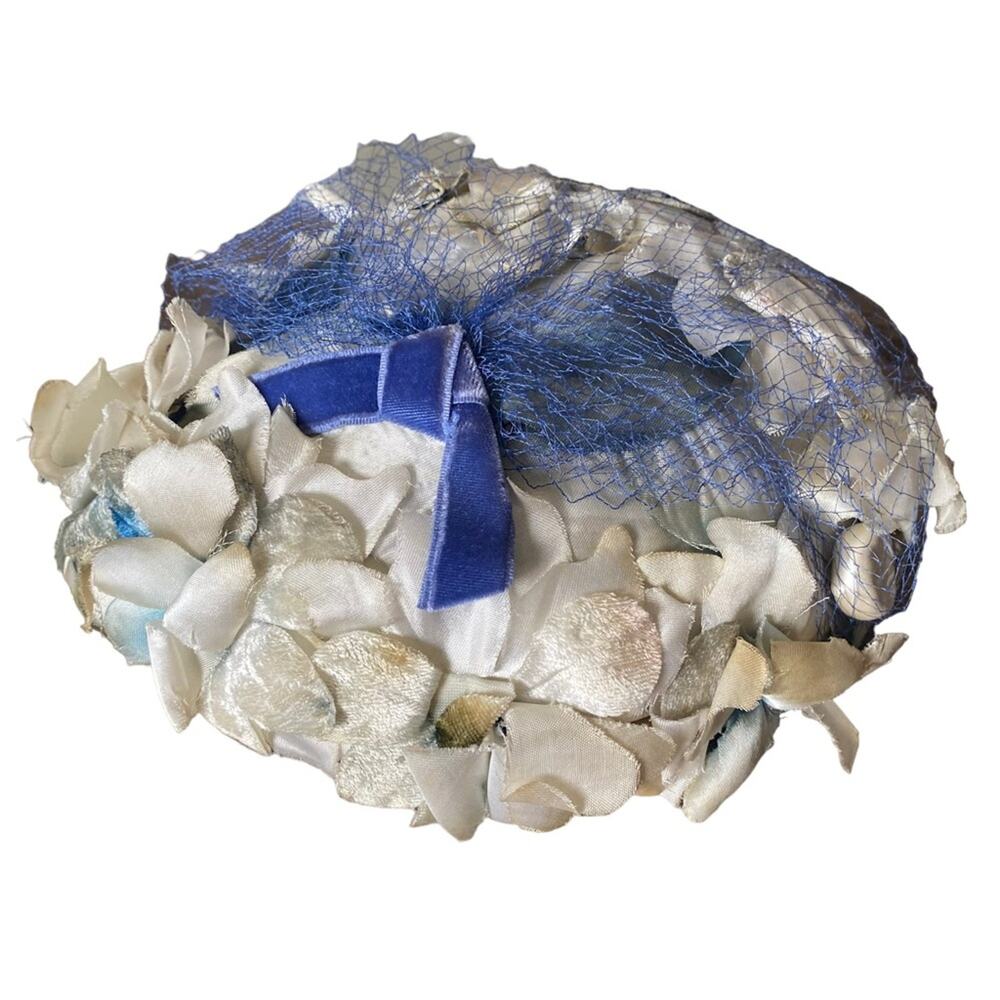 Vintage Miss Kathy New York Silk Floral Velvet Bow Cloche Hat Gatsby Blue Cream - Picture 3 of 8